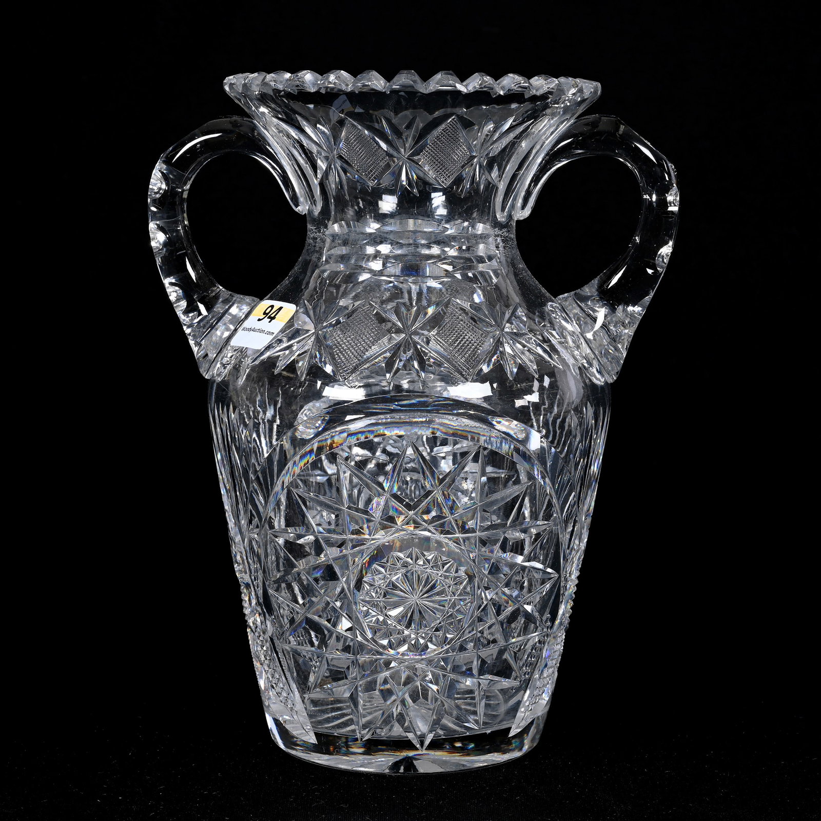 Vase, Two Handles, American Brilliant Cut Glass: Vase, Two Handles, American Brilliant Cut Glass, 8"x 6.25", Hobstar, Strawberry Diamond, Star And Fan Motif, Double Notched Handles, Ray Cut Base, Indiana Private Collection.