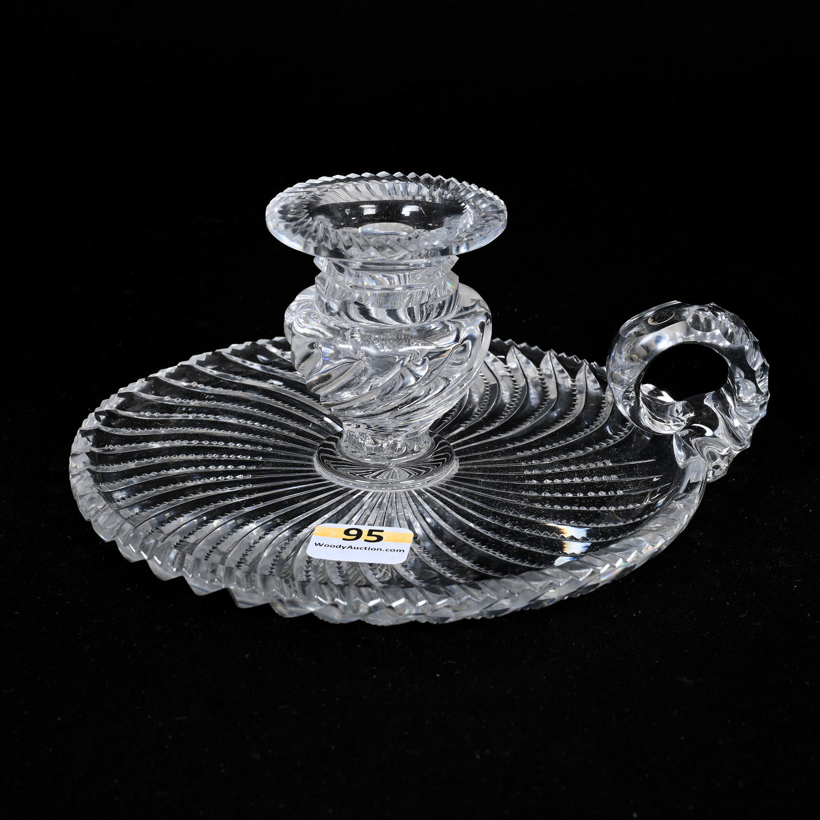 Chamberstick, American Brilliant Cut Glass: Chamberstick, American Brilliant Cut Glass, 3"x 6.5", Swirl Tusk Center With Swirl Prism Cut Base, Indiana Private Collection.