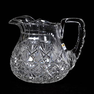 Pitcher, ABCG, Continental Pattern By Bergen: Pitcher, American Brilliant Cut Glass, Continental Pattern By Bergen, 6.75"x 8", Well Cut Hobstar, Strawberry Diamond, Kite And Fan Motif, Pattern Cut Handle, Hobstar Base, Indiana Private Collection.