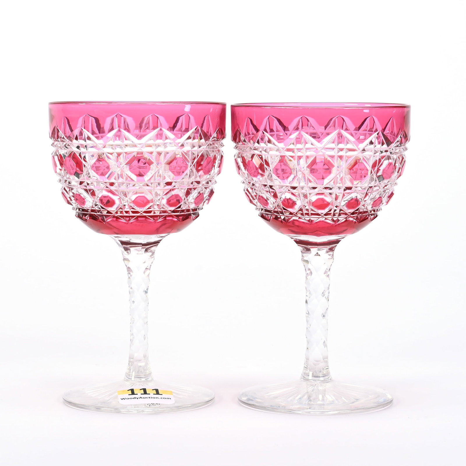 Pair Wine Stems, ABCG, Cranberry Cut To Clear: Pair Wine Stems, American Brilliant Cut Glass, Cranberry Cut To Clear, 4.75"x 2.75", Octagon Diamond Pattern By Straus, Diamond Cut Stem, Ray Cut Foot, Wilbur & The Late Mary Bluhm.