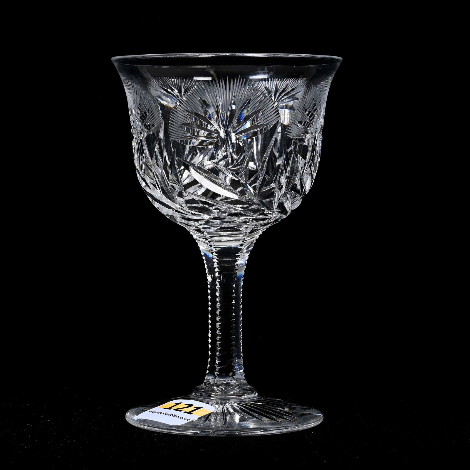 Wine Stem, American Brilliant Cut Glass: Wine Stem, American Brilliant Cut Glass, 4.5"x 3", Engraved Thistle Decor, Solid Notched Stem, Ray Cut Foot, Wilbur & The Late Mary Bluhm.