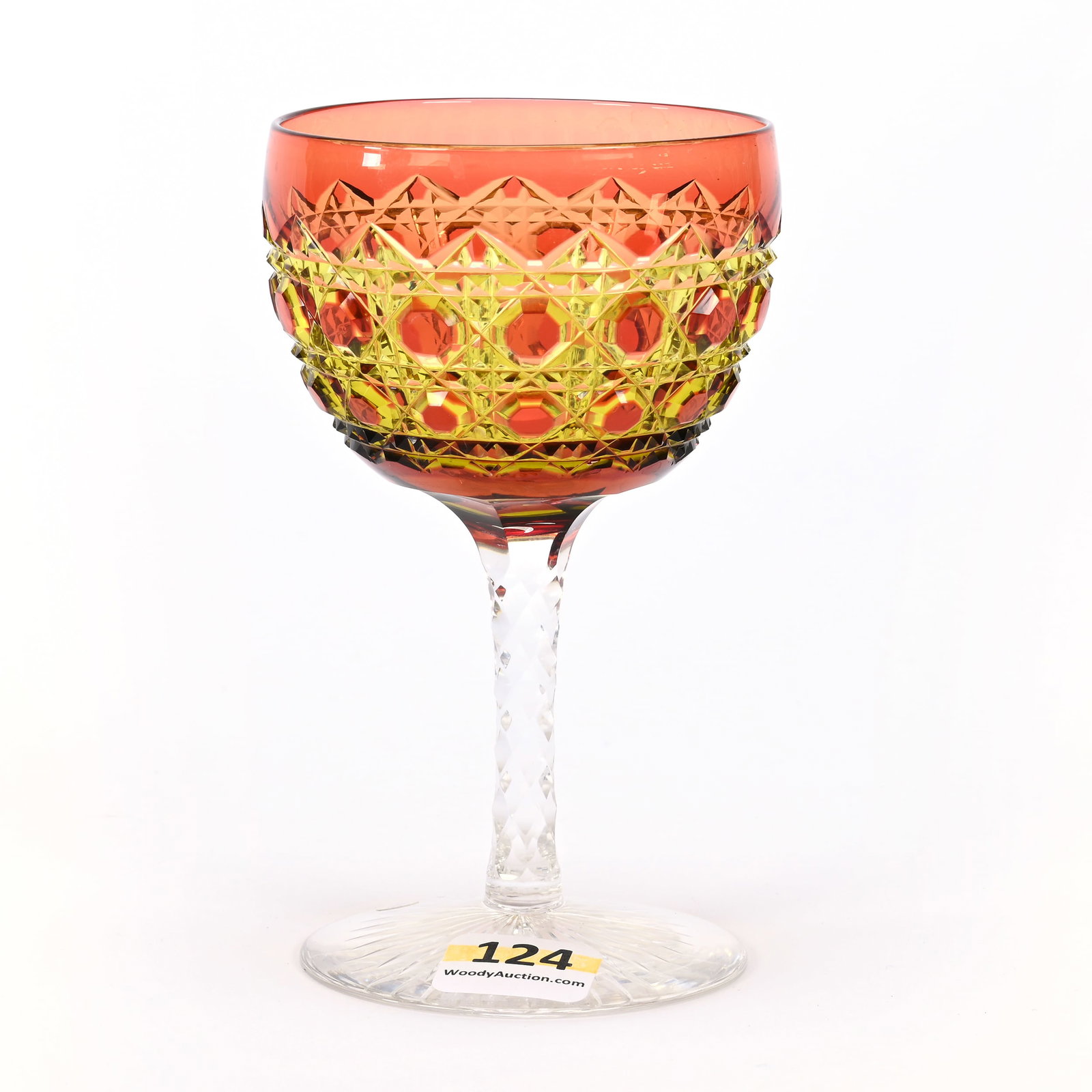 Wine Stem, ABCG, Cranberry Cut To Yellow: Wine Stem, American Brilliant Cut Glass, Cranberry Cut To Yellow, 4.75"x 2.75", Octagon Diamond Pattern, Diamond Cut Stem, Ray Cut Foot, Wilbur & The Late Mary Bluhm.