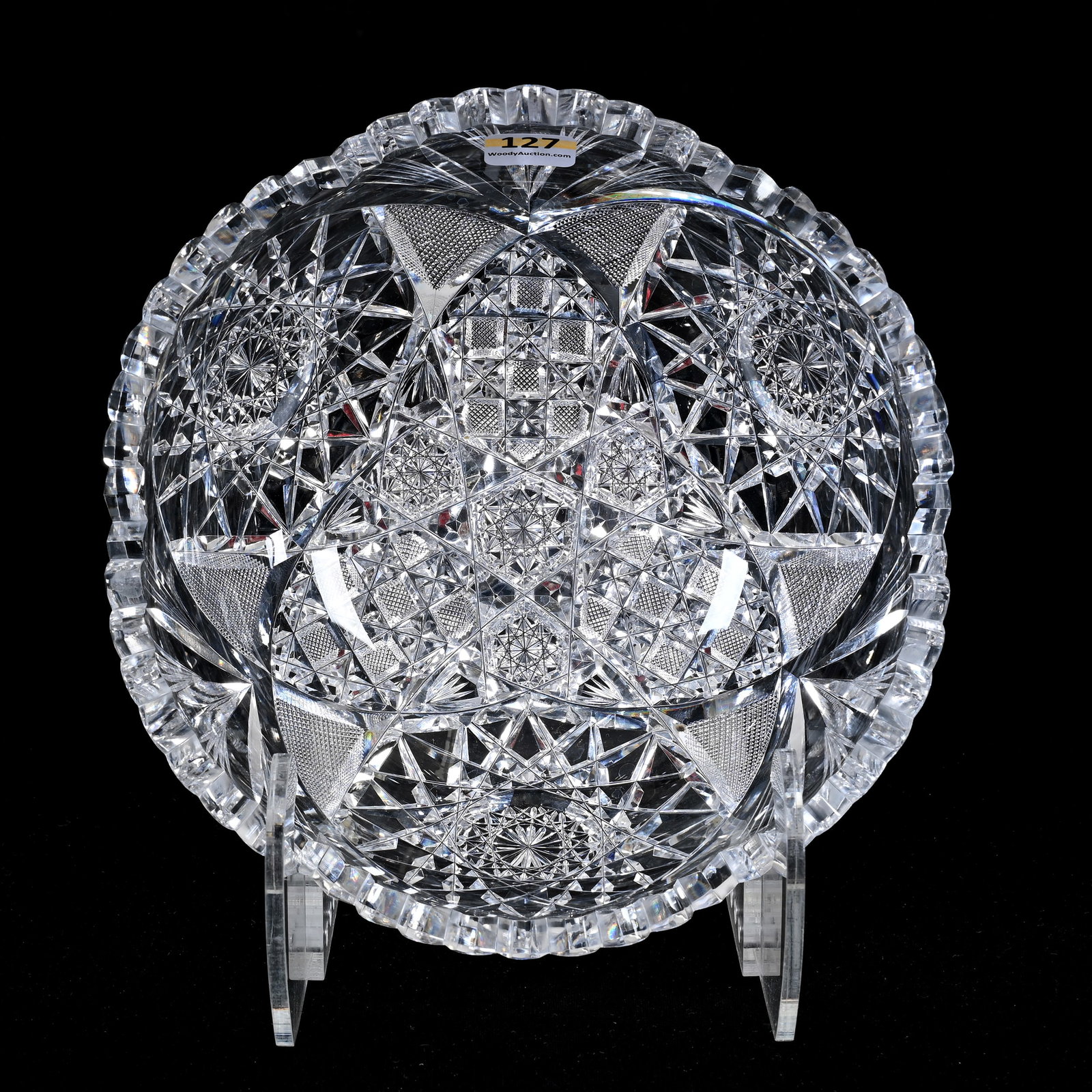 Bowl, American Brilliant Cut Glass, Signed Tuthill: Bowl, American Brilliant Cut Glass, Signed Tuthill, 3.25"x 8.25", Three Sections Of Hobstar, Block, Strawberry Diamond And Fan Motif, Clear Blank, Wilbur & The Late Mary Bluhm.