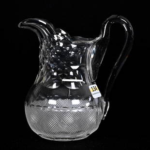 Milk Jug, American Brilliant Cut Glass: Milk Jug, American Brilliant Cut Glass, 6.5"x 6", Strawberry Diamond Band, St. Louis Diamond Neck, Attributed To Dorflinger, Ray Cut Base, Wilbur & The Late Mary Bluhm.