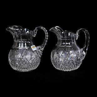 (2) Milk Pitchers, American Brilliant Cut Glass: (2) Milk Pitchers, American Brilliant Cut Glass, 6.25"x 5.75" Approximately, Both In Crosscut Diamond And Fan Pattern, Different Handle Treatments, One With Notched Handle, One With Crosscut Diamond H