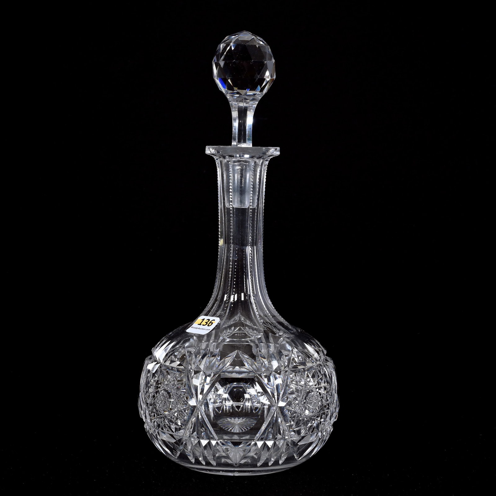 Decanter, American Brilliant Cut Glass: Decanter, American Brilliant Cut Glass, 11.75"x 5.5", Hobstar, Bullseye And Miter Motif, Ray Cut Base, Possible Stopper Replacement, Rim Chip, Wilbur & The Late Mary Bluhm.