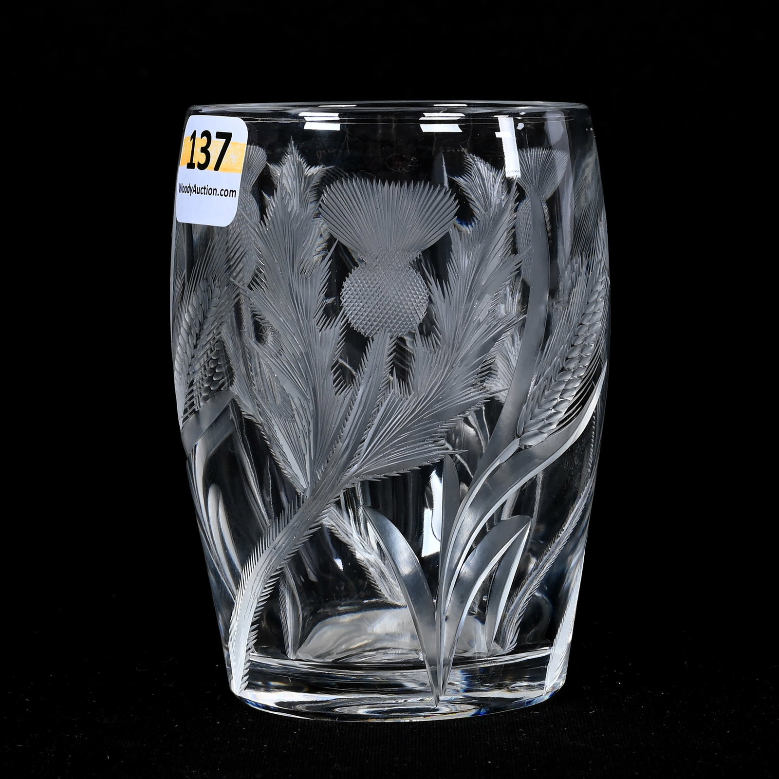 Tumbler, Barrel Shape, American Brilliant Cut Glass: Tumbler, Barrel Shape, American Brilliant Cut Glass, 4"x 2.75", Engraved Thistle And Wheat Pattern, Attributed To California Cut Glass, Polished Pontil Base, Wilbur & The Late Mary Bluhm.