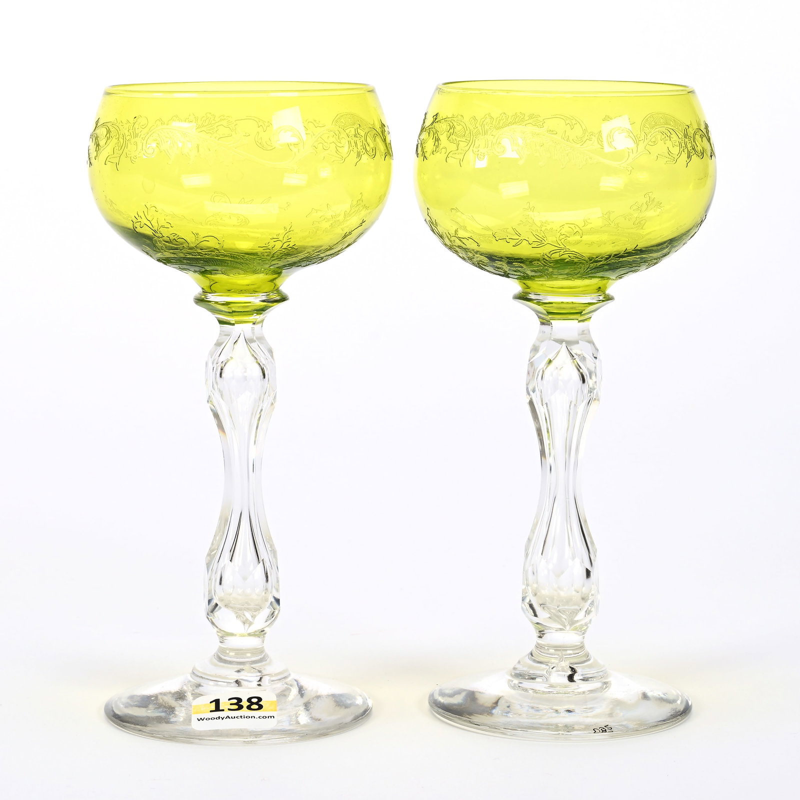 Pair Wine Stems, BPCG, Solid Green Bowl: Pair Wine Stems, BPCG, Solid Green Bowl, 6.75"x 3.25", Lightly Etched Floral And Scroll Design, Hourglass Stem, Uncut Foot, European, Wilbur & The Late Mary Bluhm.