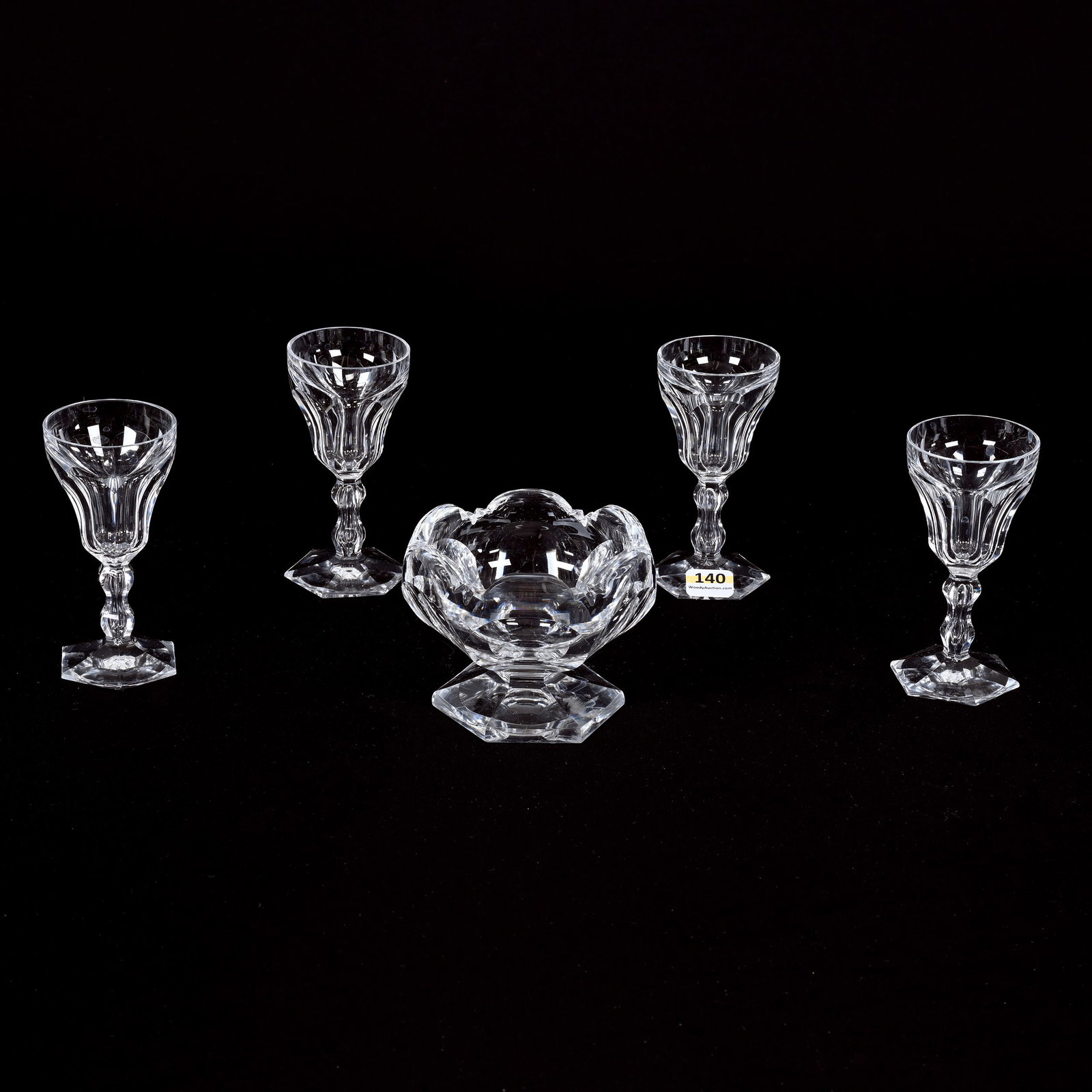 (5) Flute Pattern Items, ABCG, Six-Sided Base: (5) Flute Pattern Items, American Brilliant Cut Glass, Six-Sided Base, Includes (4) 4.5"x 2.25" Wine Stems, One With Rim Repair, (1) 3.25"x 4.25" Pedestal Sugar Bowl With Extra Blank, Wilbur & The Lat