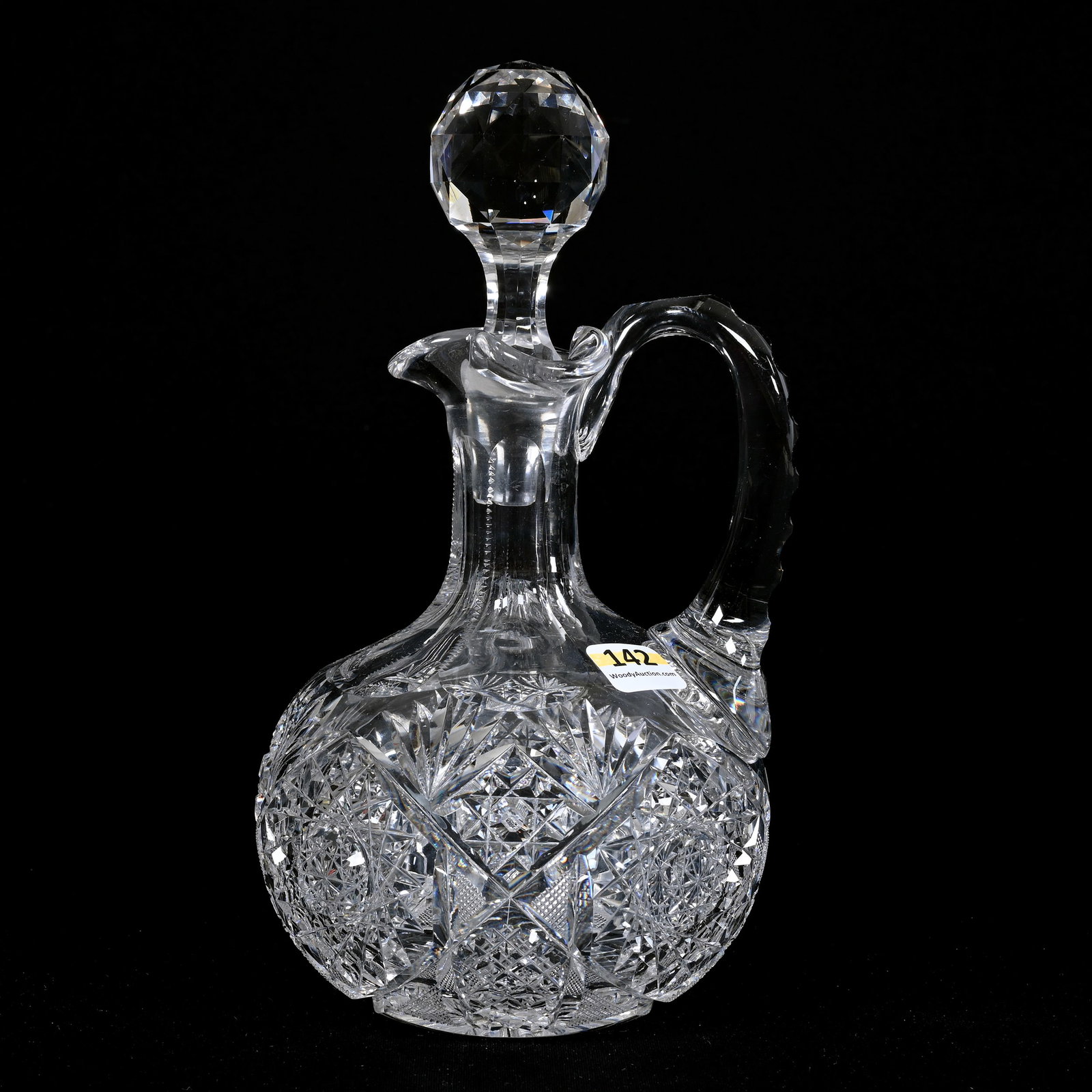 Decanter, American Brilliant Cut Glass: Decanter, American Brilliant Cut Glass, 9"x 5", Hobstar, Crosscut Diamond, Strawberry Diamond And Fan Motif, Ray Cut Base, Wilbur & The Late Mary Bluhm.