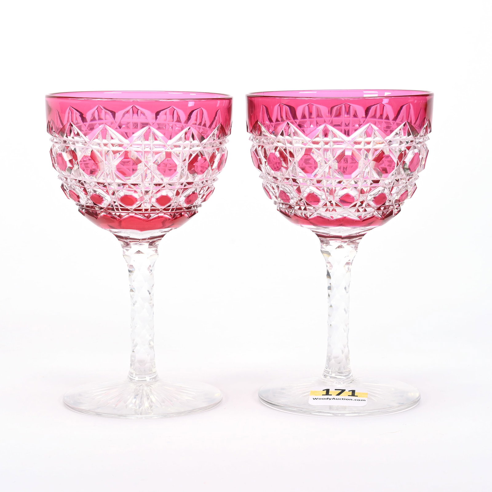 Pair Wine Stems, ABCG, Cranberry Cut To Clear: Pair Wine Stems, American Brilliant Cut Glass, Cranberry Cut To Clear, 4.75"x 2.75", Octagon Pattern By Straus, Diamond Cut Stem, Ray Cut Foot, Wilbur & The Late Mary Bluhm.