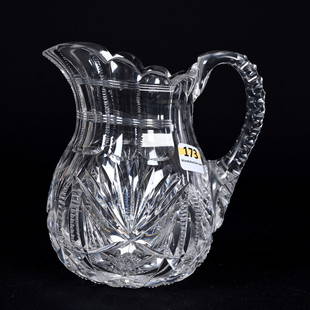 Milk Pitcher, American Brilliant Cut Glass: Milk Pitcher, American Brilliant Cut Glass, 6"x 5.5", Hobstar, Prism, Strawberry Diamond And Fan Motif, Triple Notched Handle, Pattern Cut Base, Wilbur & The Late Mary Bluhm.