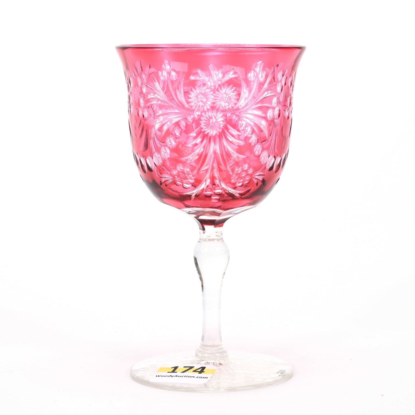 Wine Stem, BPCG, Cranberry Cut To Clear: Wine Stem, BPCG, Cranberry Cut To Clear, 4.75"x 2.75", Engraved Floral Garland Motif, Pattern Engraved Foot, Attributed To Webb, Wilbur & The Late Mary Bluhm.