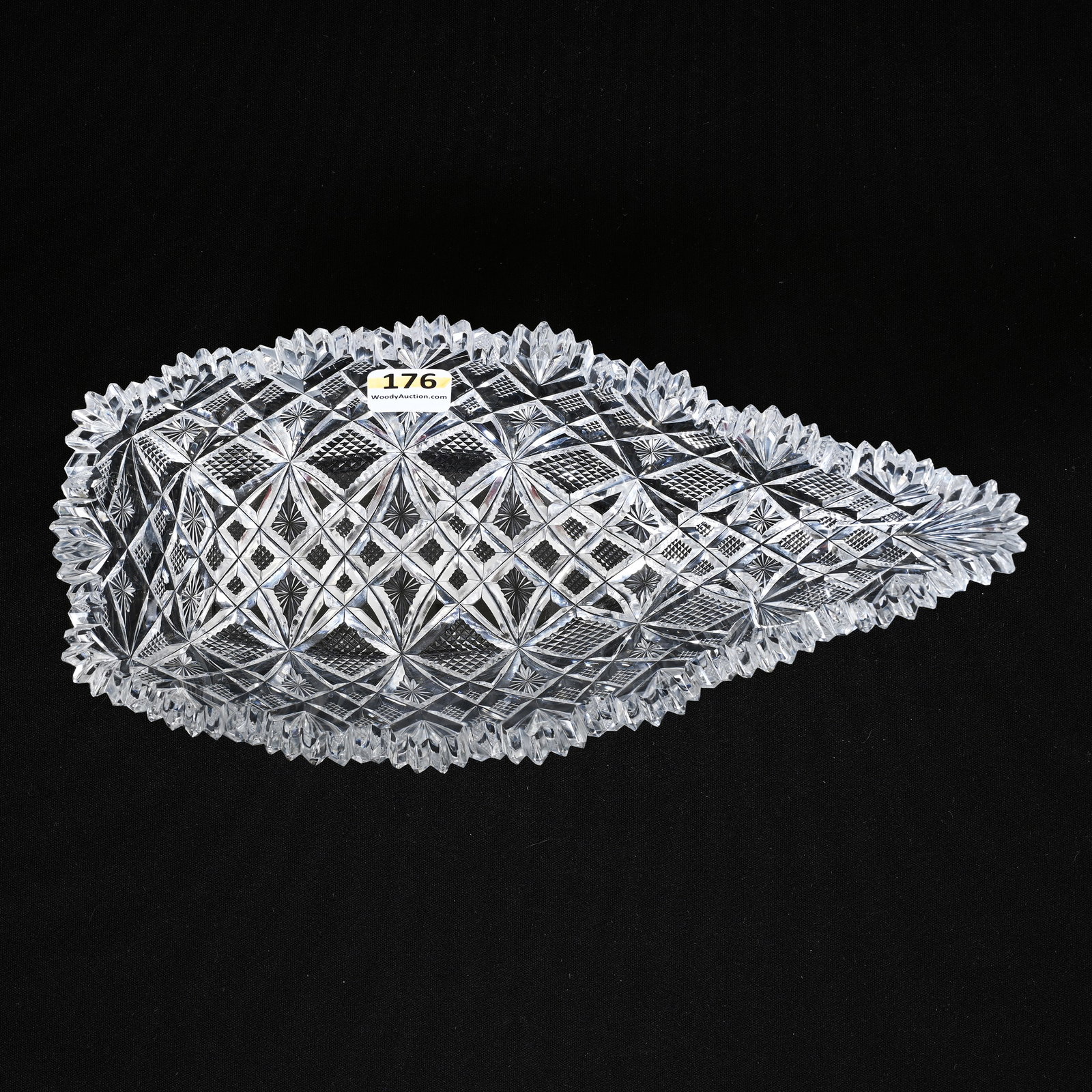 Relish, Boat Shaped, ABCG, Venetian By Straus: Relish, Boat Shaped, American Brilliant Cut Glass, Venetian By Straus, 2.75"x 9.5"x 4.5", Nice Form, Wilbur & The Late Mary Bluhm.