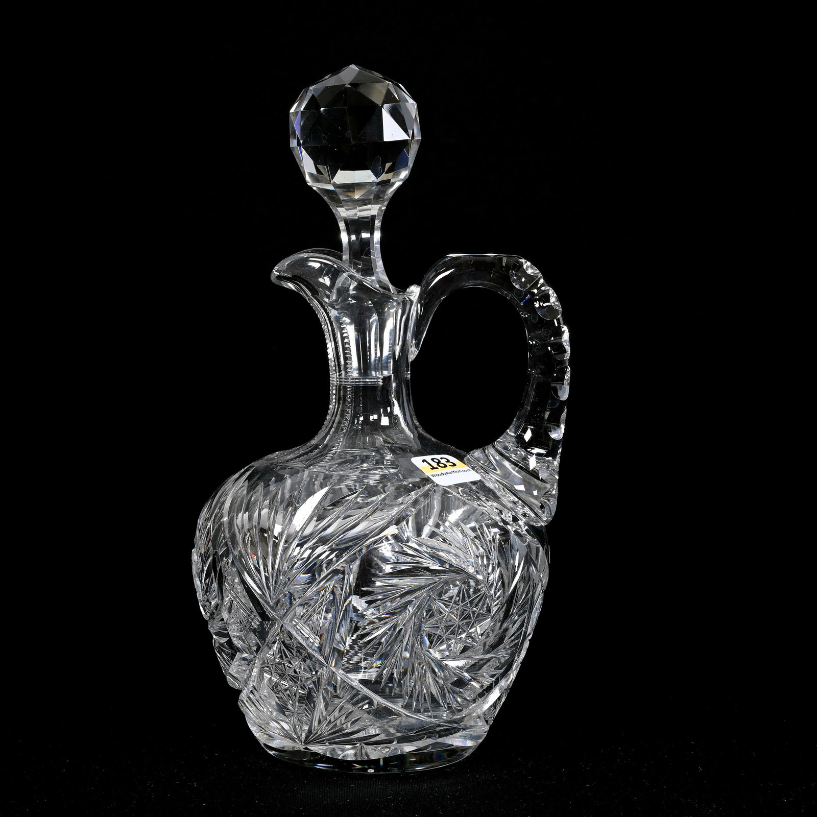 Decanter, ABCG, Oregon Pattern By Blackmer: Decanter, American Brilliant Cut Glass, Oregon Pattern By Blackmer, 9.75"x 5", Double Notched Handle, Ray Cut Base, Wilbur & The Late Mary Bluhm.