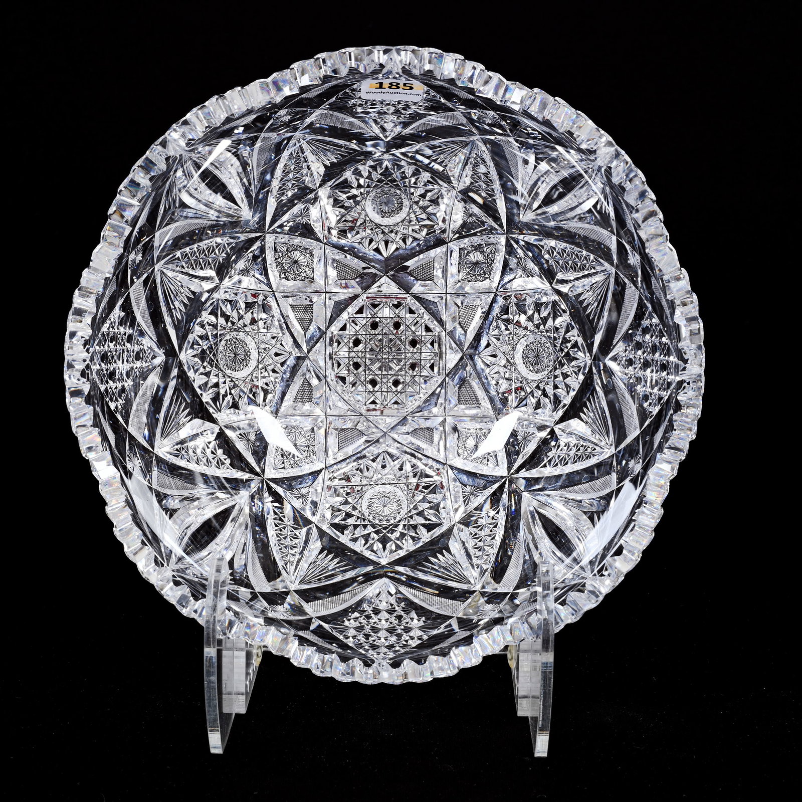 Bowl, American Brilliant Cut Glass: Bowl, American Brilliant Cut Glass, 3.75"x 9", Four Sections Of Hobstar, Vesica, Cane, Strawberry Diamond, Star, Fan And Tusk Motif, Quality Blank, Wilbur & The Late Mary Bluhm.