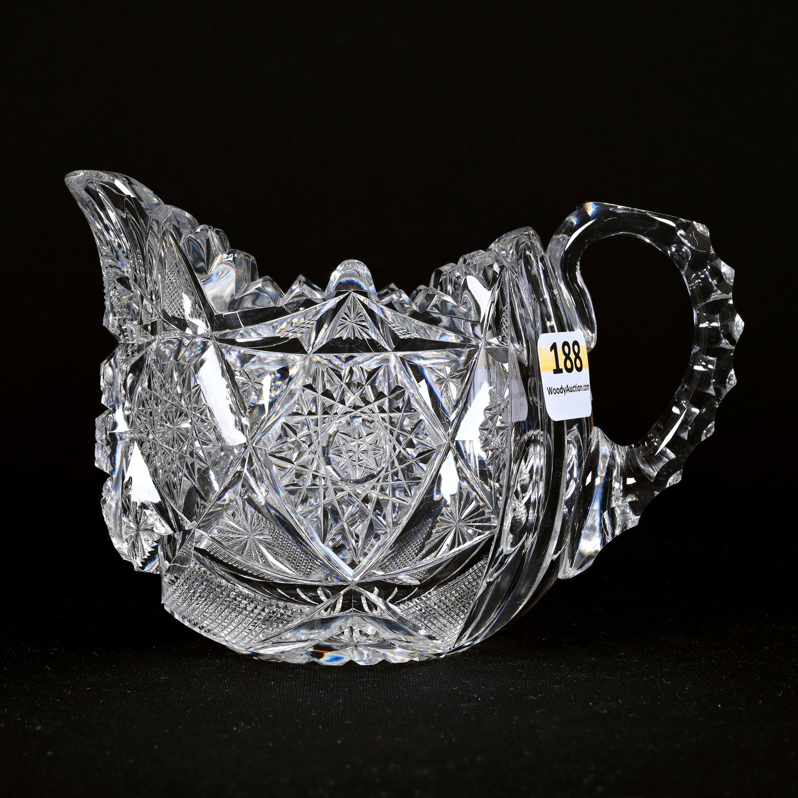 Creamer, ABCG, Signed Libbey Colonna Pattern: Creamer, American Brilliant Cut Glass, Signed Libbey Colonna Pattern, 4"x 5.5", Eulalia Shape, Triple Notched Handle, Ray Cut Base, Minor Tooth Chip, Wilbur & The Late Mary Bluhm.