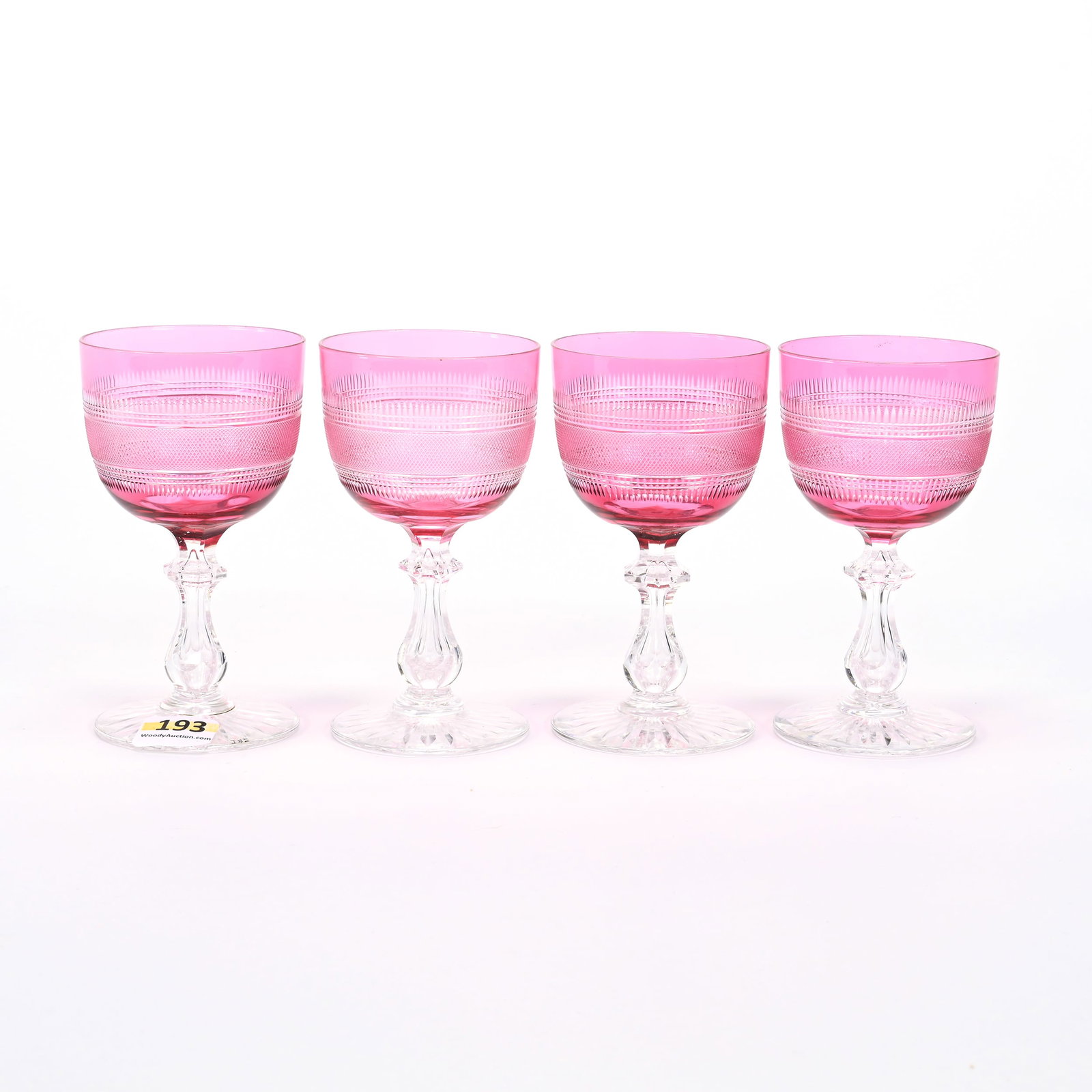 (4) Wine Stems, ABCG, Cranberry Cut To Clear: (4) Wine Stems, American Brilliant Cut Glass, Cranberry Cut To Clear, 4.5"x 2.5", Pattern Is A Variation Of Fine Diamonds And Rings Pattern By Dorflinger, Ray Cut Foot, Wilbur & The Late Mary Bluhm.