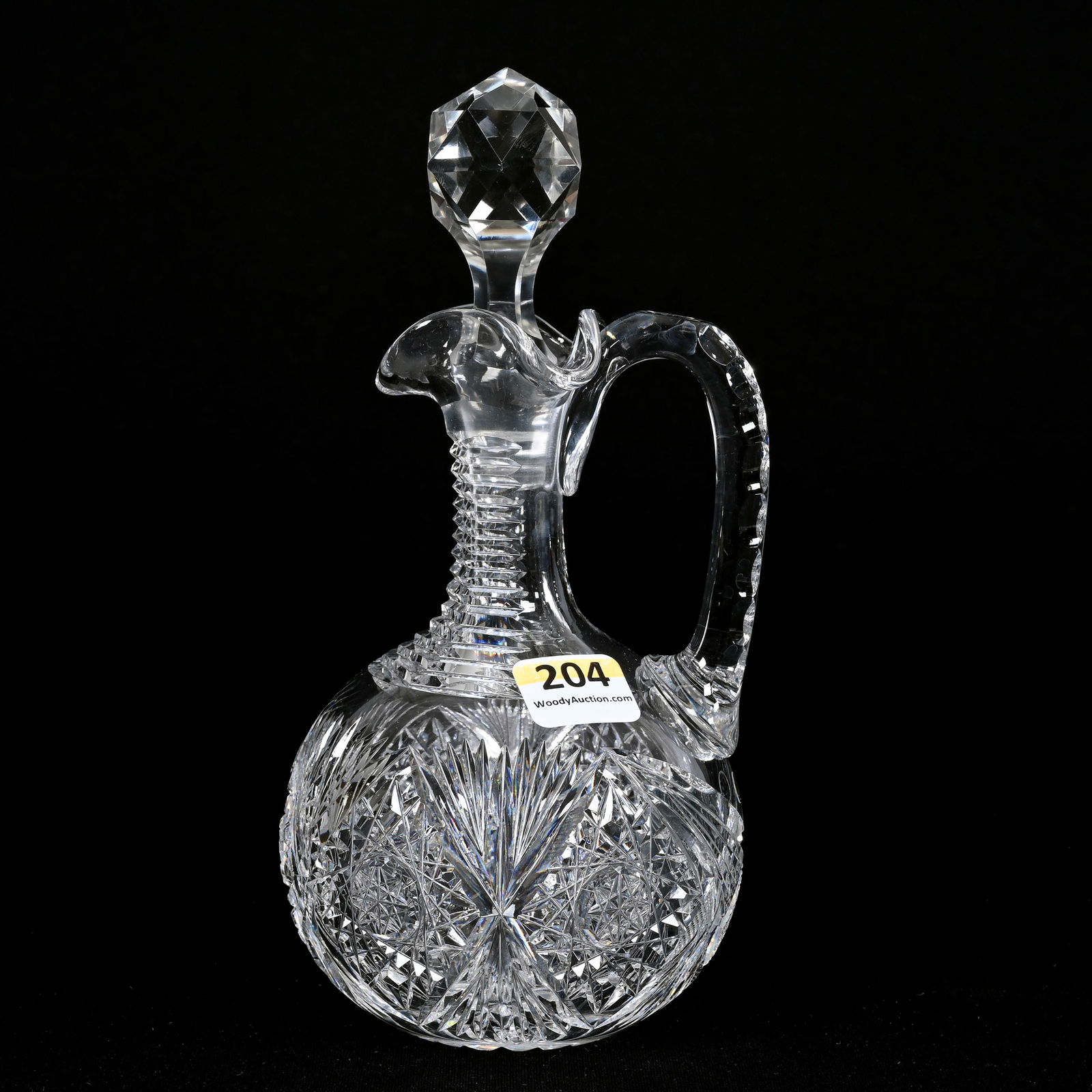 Cruet, American Brilliant Cut Glass: Cruet, American Brilliant Cut Glass, 7.25"x 3.5", Owner's Note Indicates Taft Pattern By Taylor Brothers, Many Similarities, Unable To Verify, Stepcut Neck, Ray Cut Base, Chip On Stopper Plug, Wilbur