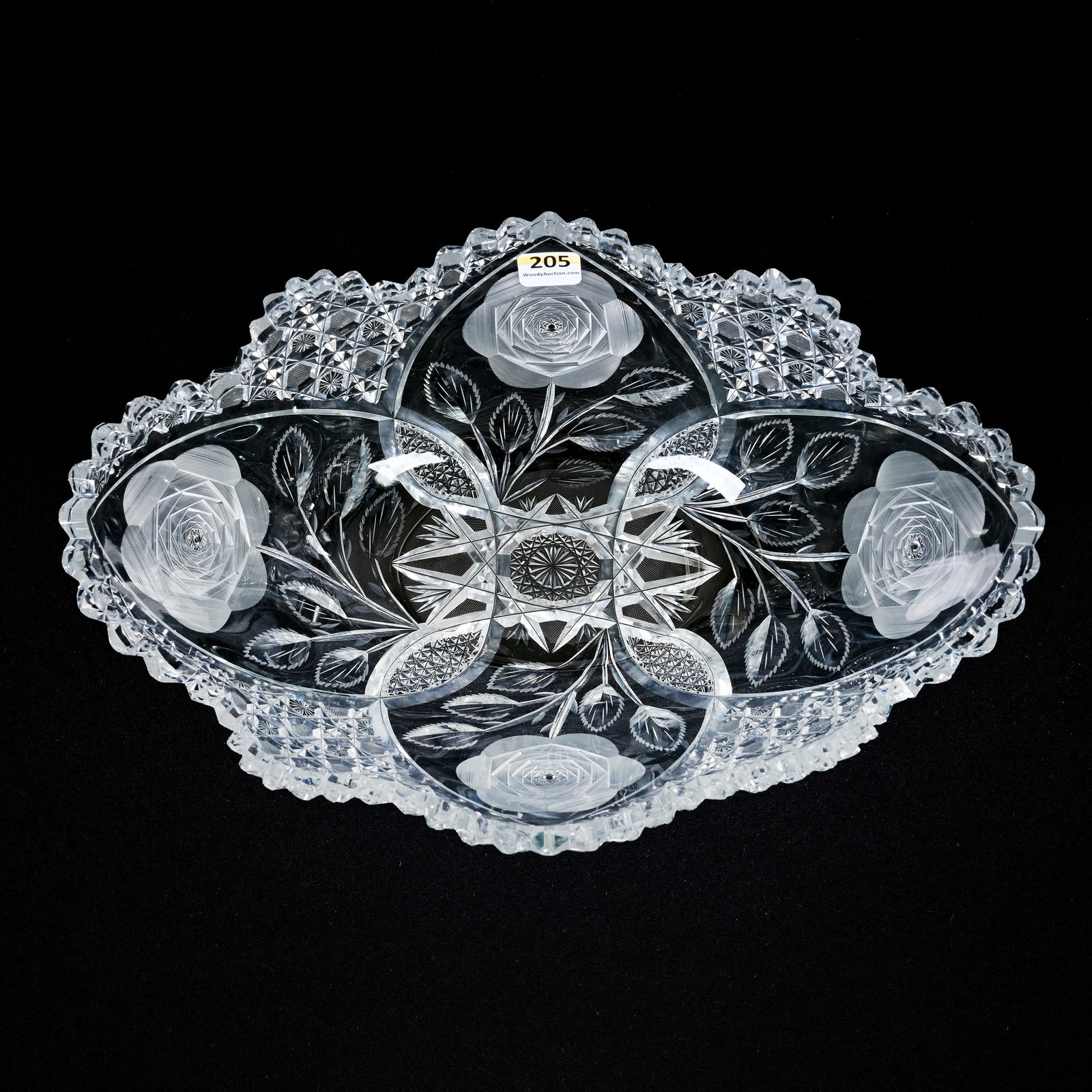 Banana Bowl, Late Brilliant Period: Banana Bowl, Late Brilliant Period, 4.5"x 12.5"x 8.5", Four Sections Of Geometrically Cut White Rose Design With Hobstar Centers, Geometric Cut Border, See Photos, Wilbur & The Late Mary Bluhm.