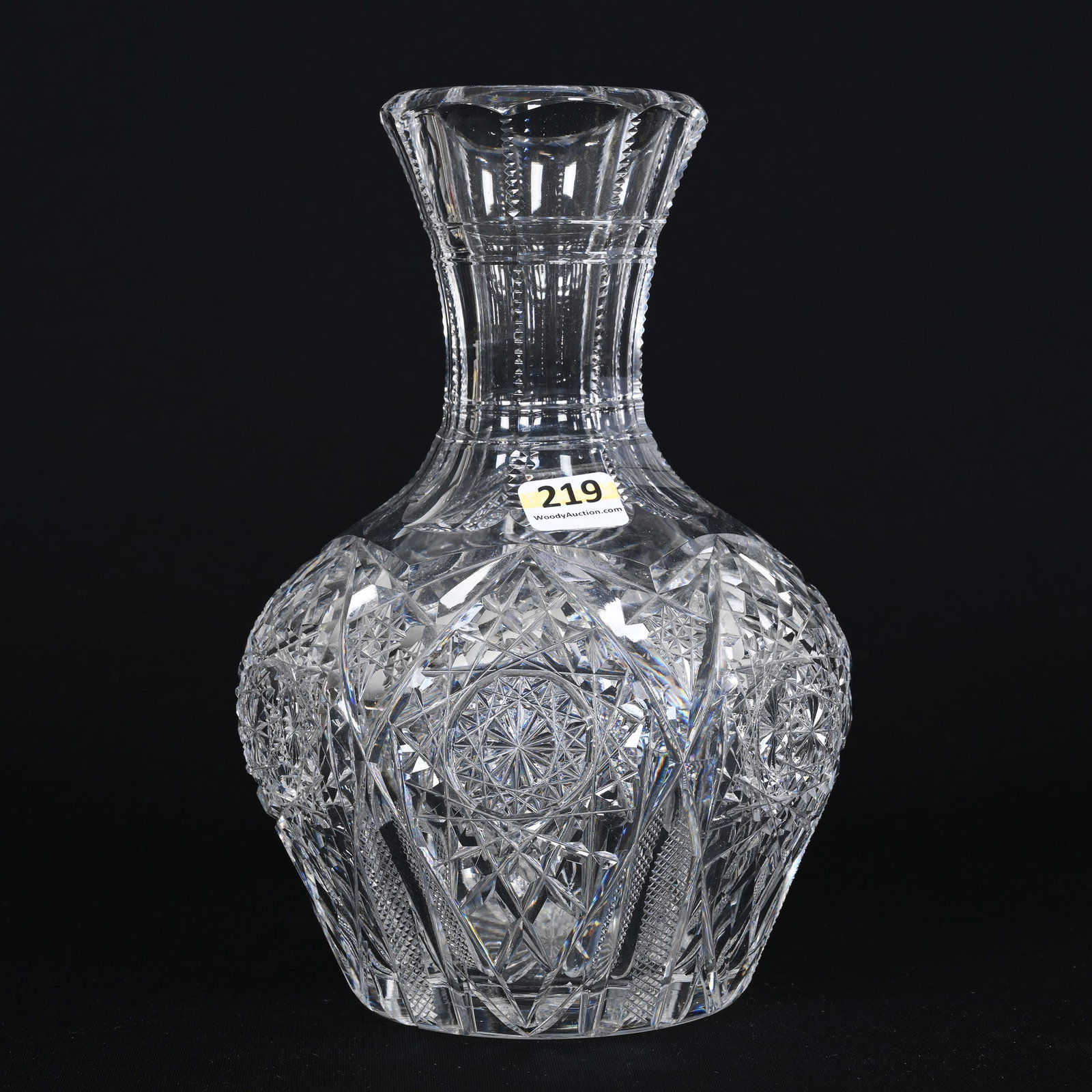 Water Carafe, American Brilliant Cut Glass: Water Carafe, American Brilliant Cut Glass, 8.5"x 5.5.", Hobstar And File Motif, Ray Cut Base, Heavy Blank, Kansas Private Collection.