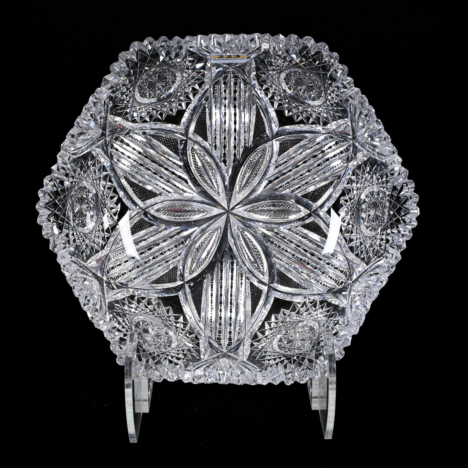 Bowl, Six-Sided, American Brilliant Cut Glass: Bowl, Six-Sided, American Brilliant Cut Glass, 2.75"x 9.25", Hobstar, Vesica, Strawberry Diamond, Prism And Fan Motif, Clear Blank, One Tooth With Small Side Chip, The Sutherland Collection.