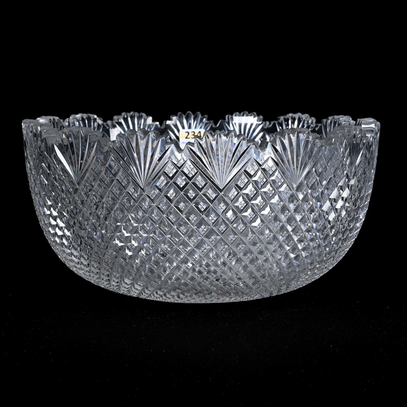 Bowl, American Brilliant Cut Glass: Bowl, American Brilliant Cut Glass, 5"x 10.25", Crosscut Diamond And Fan Motif, Attributed To Hawkes, Hobstar Center, Total Weight Of 8.5 Pounds, Rim Chips, Georgianna Anderson Collection, MD.