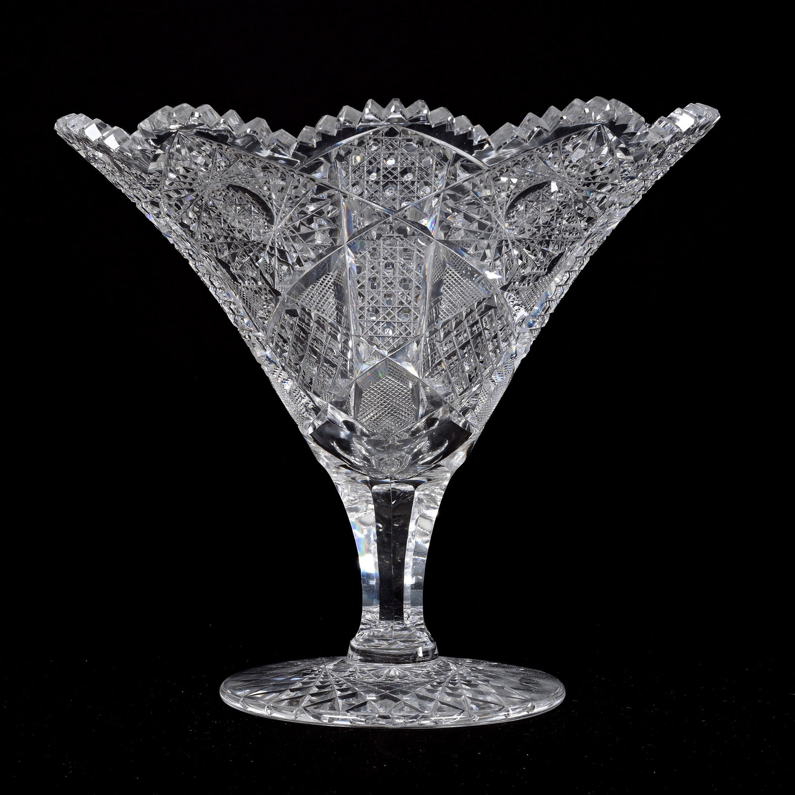 Tazza, American Brilliant Cut Glass: Tazza, American Brilliant Cut Glass, 9"x 10.25", Hobstar, Cane And Strawberry Diamond Motif, Hobstar Foot, Georgianna Anderson Collection, MD.