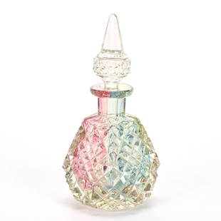 Perfume Bottle, BPCG, Rare Rainbow Color: Perfume Bottle, BPCG, Rare Rainbow Color, 6"x 2.5" Square, Diamond And Miter Motif, European Origin, Leon And Carol Torline Collection, KS.