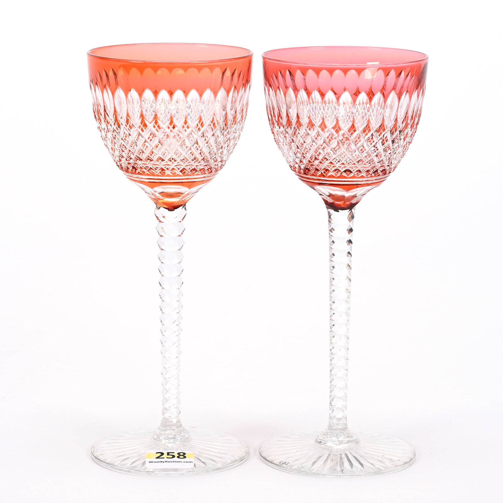 (2) Wine Stems, BPCG, Apricot Cut To Clear: (2) Wine Stems, BPCG, Apricot Cut To Clear, 7.5"x 3", Boris Pattern By Val St. Lambert, Circa 1920, Diamond Cut Stem, Ray Cut Foot, Slightly Different Color Tones, Leon And Carol Torline Collection, K