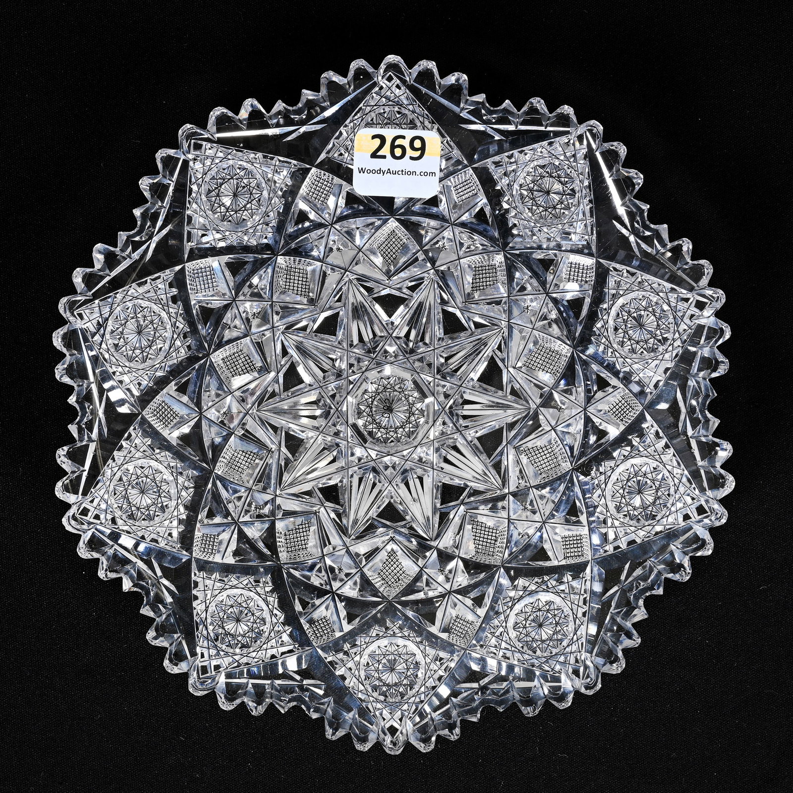 Plate, American Brilliant Cut Glass: Plate, American Brilliant Cut Glass, 7", Hobstar, Strawberry Diamond Motif, Well Cut, Clear Blank, Tooth Chip, Leon And Carol Torline Collection, KS.