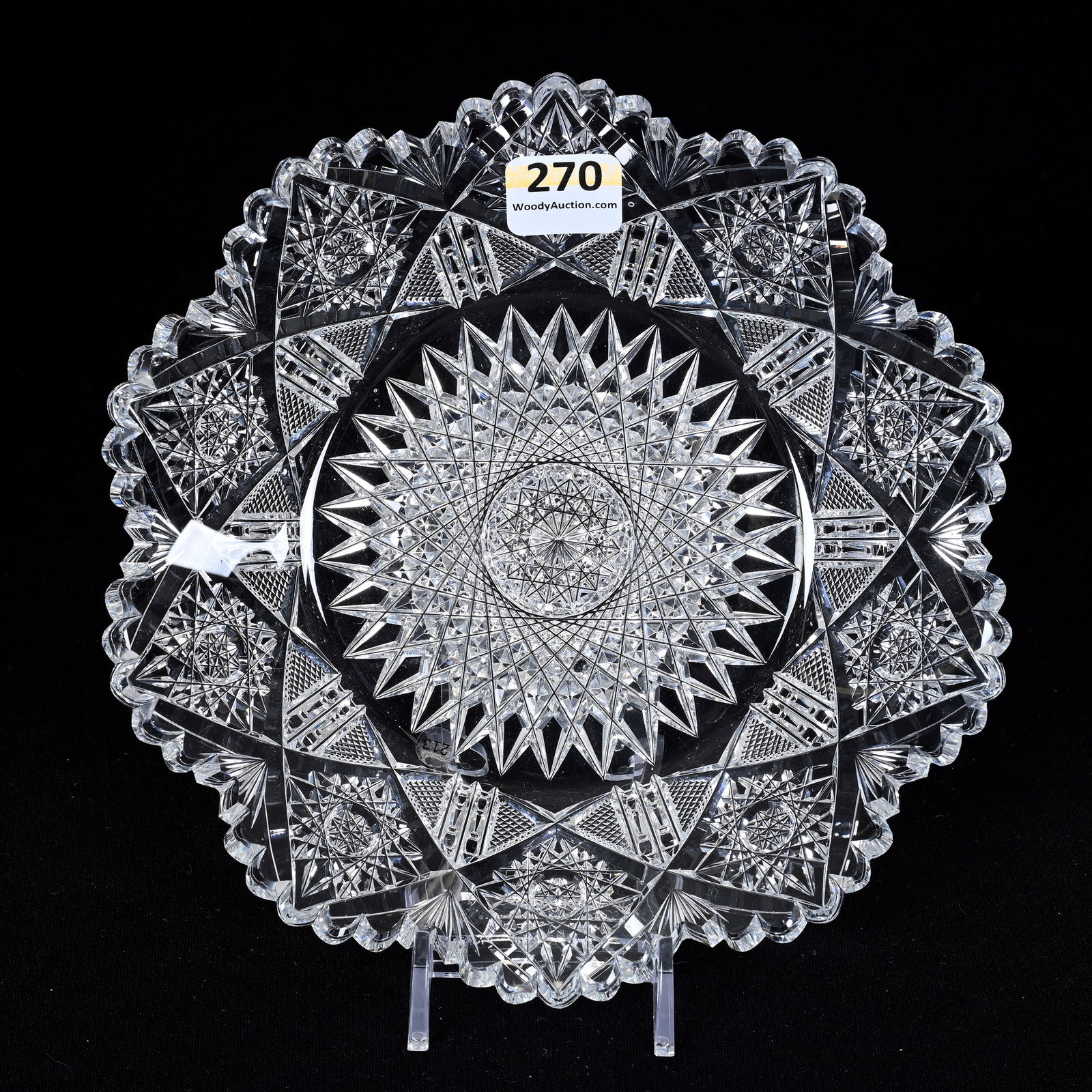 Plate, American Brilliant Cut Glass: Plate, American Brilliant Cut Glass, 7", Hobstar, Strawberry Diamond, Prism And Fan Motif, Large Hobstar Center, Tooth Chip, Leon And Carol Torline Collection, KS.