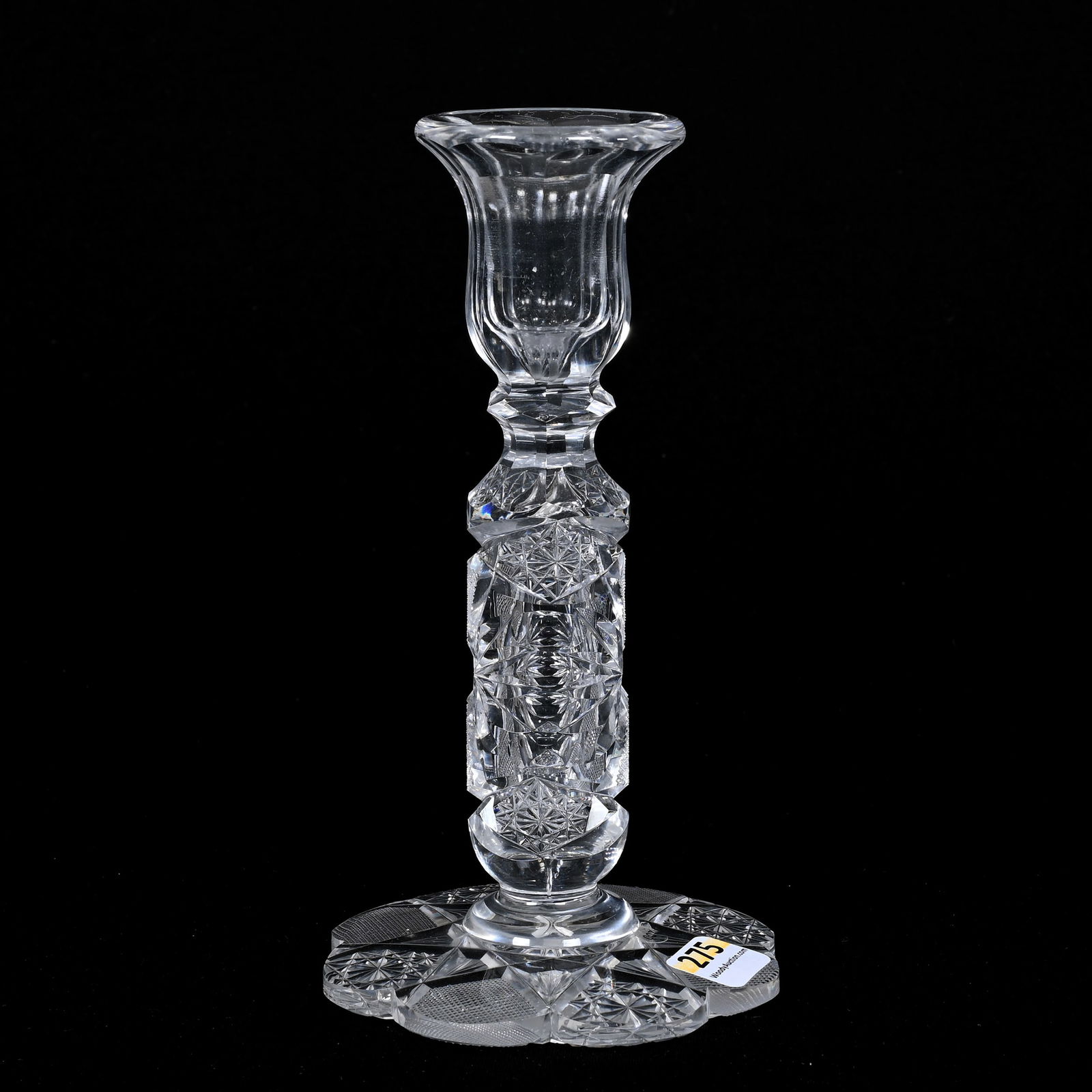 Candlestick, American Brilliant Cut Glass, Single: Candlestick, American Brilliant Cut Glass, Single, 7.25"x 4", Hobstar, Strawberry Diamond And Fan Motif, Pattern Cut Scalloped Foot, Leon And Carol Torline Collection, KS.