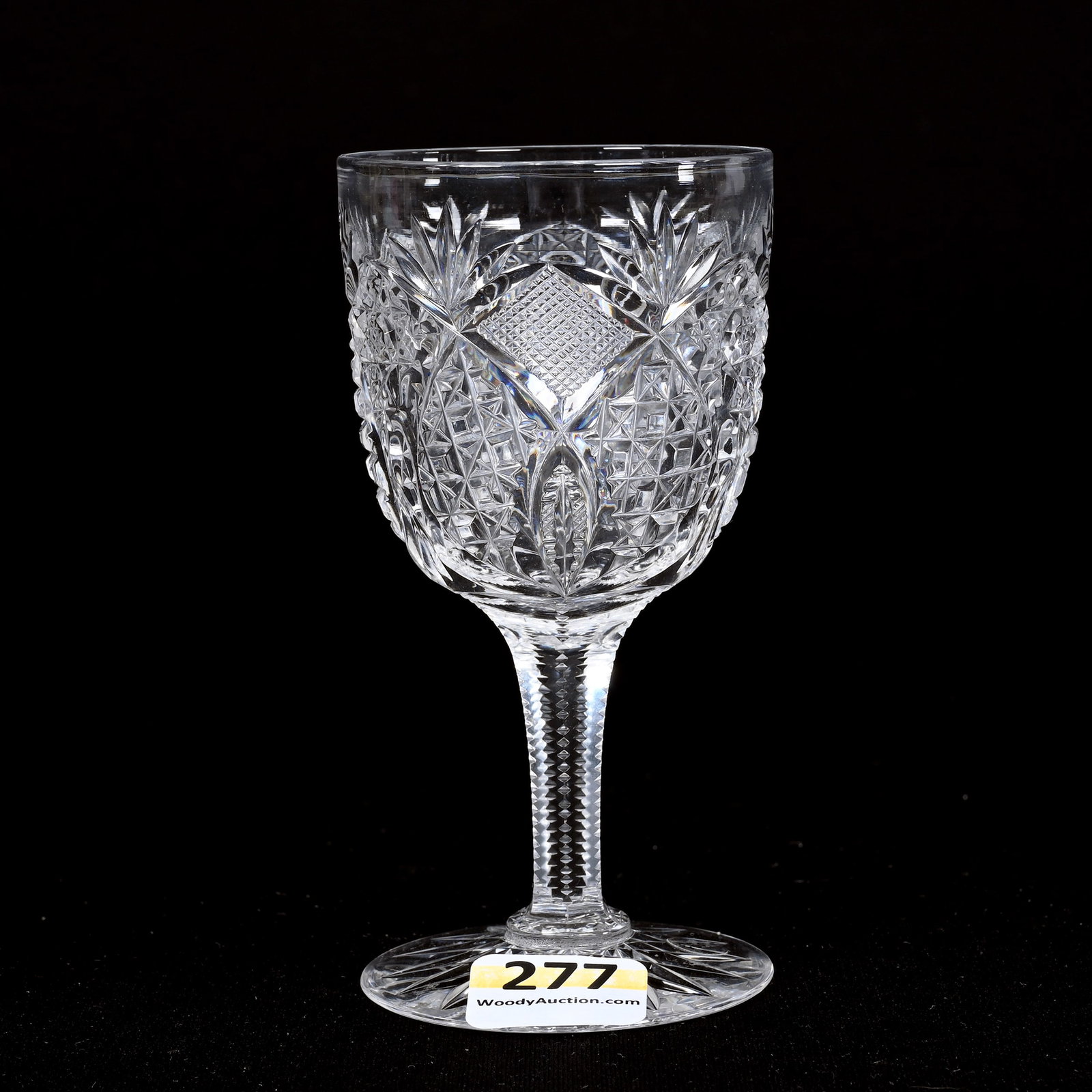 Wine Stem, American Brilliant Cut Glass: Wine Stem, American Brilliant Cut Glass, 4.25"x 2.5", Hobstar, Vesica, Block, Strawberry Diamond And Fan Motif, Solid Notched Stem, Hobstar Foot, Leon And Carol Torline Collection, KS.