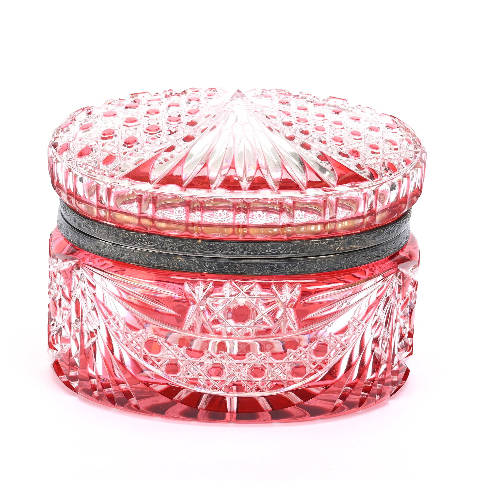 Jewel Box, BPCG, Red Cut To Clear: Jewel Box, BPCG, Red Cut To Clear, 4"x 5.75"x 4.25", Hobstar, Cane, Drape And Fan Motif, Ray Cut Base, European Origin, Leon And Carol Torline Collection, KS.