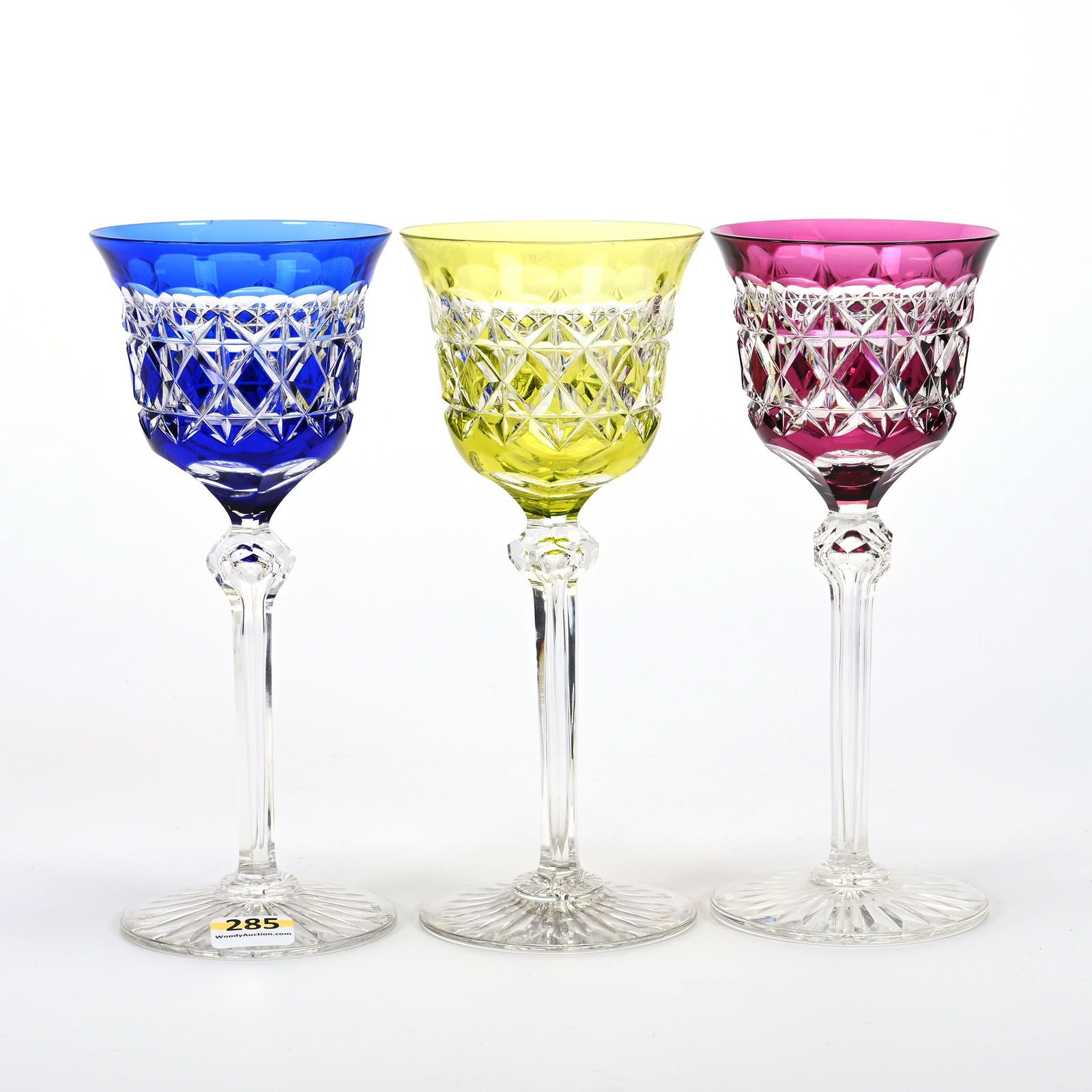 (3) Wine Stems, BPCG, Color Cut To Clear: (3) Wine Stems, BPCG, Color Cut To Clear, 7.5"x 3.25", Carlton Pattern By Val St. Lambert, Circa 1925, (1) Blue, (1) Yellow, (1) Amethyst, Ray Cut Foot, Leon And Carol Torline Collection, KS.
