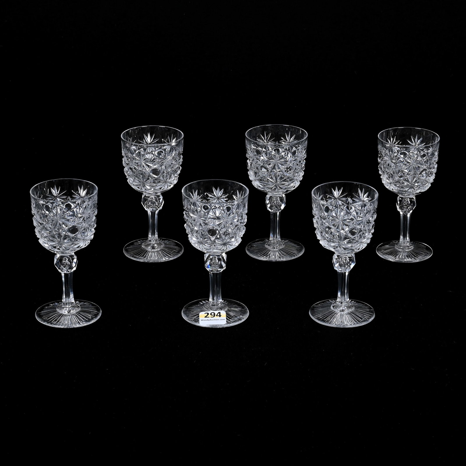 (6) Wine Stems, ABCG, Russian Pattern: (6) Wine Stems, American Brilliant Cut Glass, Russian Pattern, 4.25"x 2", Clear Cut Buttons, Ray Cut Foot, Three With Possible Rim Trim, Leon And Carol Torline Collection, KS.