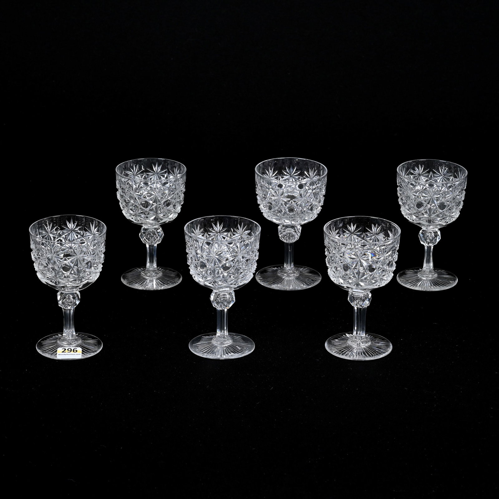 (6) Wine Stems, American Brilliant Cut Glass: (6) Wine Stems, American Brilliant Cut Glass, 4.5"x 2.75", Russian Pattern, Clear Cut Buttons, Ray Cut Foot, Leon And Carol Torline Collection, KS.