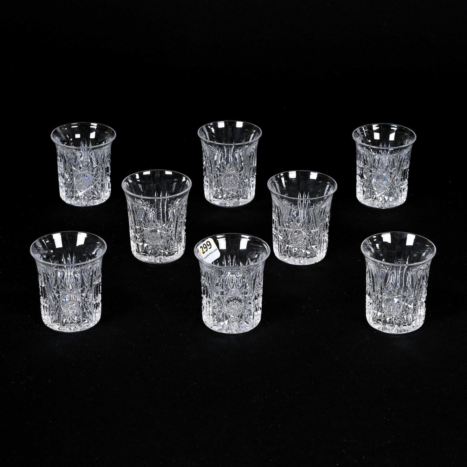 (8) Whiskey Tumblers, American Brilliant Cut Glass: (8) Whiskey Tumblers, American Brilliant Cut Glass, 2.5"x 2.25", Hobstar And Prism Motif, Ray Cut Base, Some Height Variations But All Have Original Rims, Collection Of Tom And Mary Jacks.