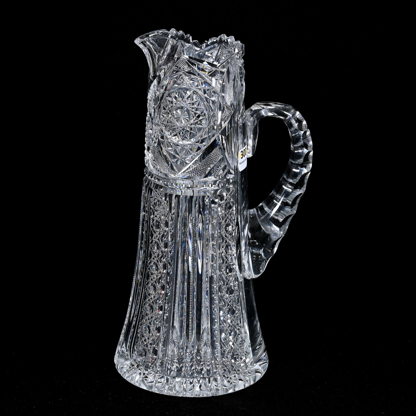Tankard, American Brilliant Cut Glass: Tankard, American Brilliant Cut Glass, 11.5"x 6", Well Cut, Upper Section With Hobstar, Nailhead Diamond, Strawberry Diamond, Lower Section With Panels Of Cane, Prism And Pillar, Double Notched Handle