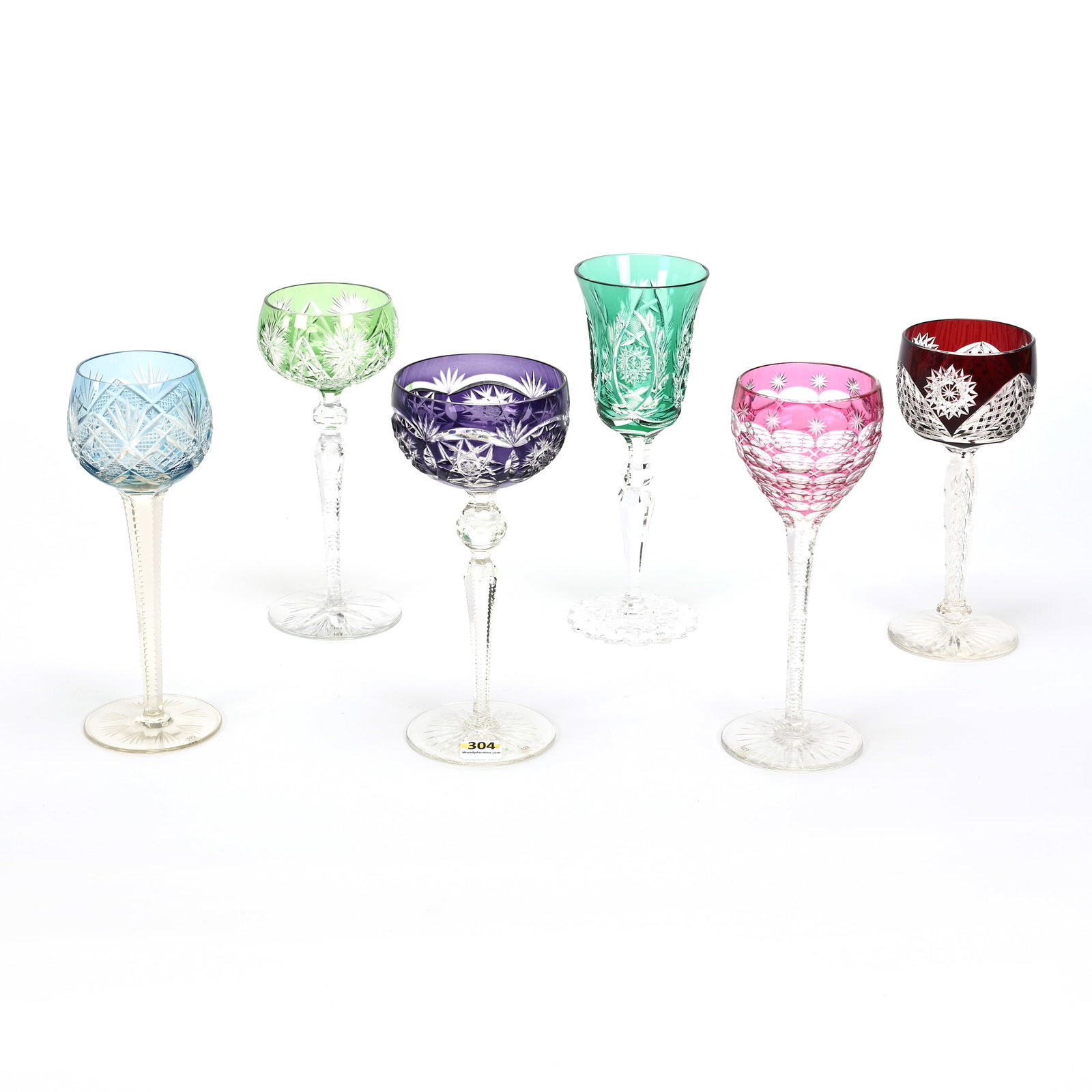 (6) Wine Stems, BPCG, Color Cut To Clear: (6) Wine Stems, BPCG, Color Cut To Clear, Various Patterns, Shapes And Sizes, (1) 8.5" Green, (1) 8" Cranberry, (1) 8" Amethyst, (1) 8" Blue, (1) 7.75" Green, (1) 7.25" Ruby, Collection Of Tom And Mar