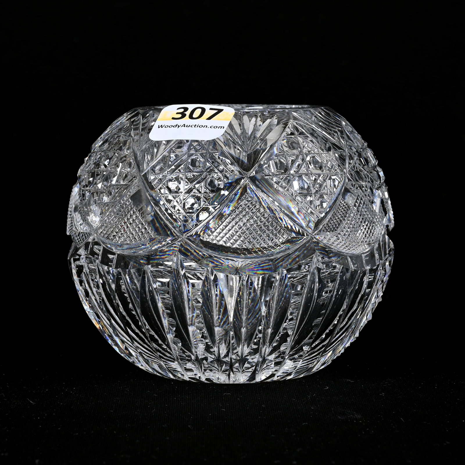 Rose Bowl, American Brilliant Cut Glass: Rose Bowl, American Brilliant Cut Glass, 3.25"x 3.75", Cane, Strawberry Diamond, Fan And Prism Motif, Ray Cut Base, Collection Of Tom And Mary Jacks.