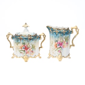 Creamer & Sugar, Unmarked R.S. Prussia, Blue & White