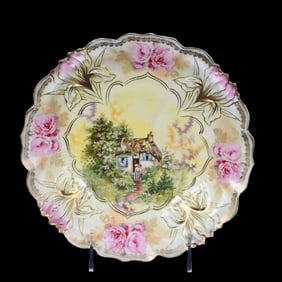 Plate Marked R.S. Prussia, Cottage Scene, Iris Mold