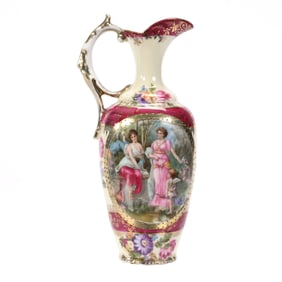 Handled Ewer Marked Prov Saxe, Cream With Red Bands