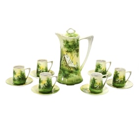 Chocolate Set Marked R.S. Germany, Farm/Cottage Scene