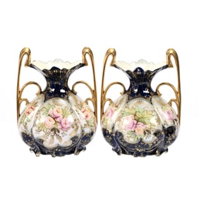 Pair Two Handled Vases Marked Crown Viersa, Cobalt