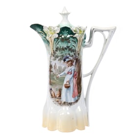 Chocolate Pot, Unmarked R.S. Prussia, Lady W/Chicks