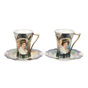 (2) Chocolate Cups & Saucers, Lebrun With Ribbon