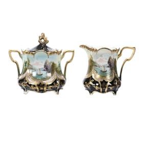 Creamer & Sugar Marked R.S. Prussia, Double Scene